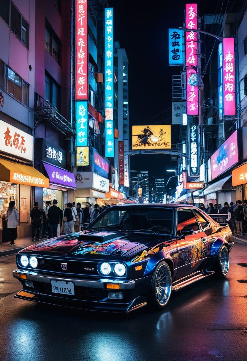 A vibrant scene showcasing a modified car with anime-inspired designs, featuring bold colors and intricate graphics that reflect popular adult anime characters. The background is a lively street filled with enthusiasts admiring the vehicle, complemented by neon lights and urban art to enhance the cultural atmosphere. Include subtle nods to car modification tools and anime merchandise scattered around. super-realistic. vibrant colors. urban setting.