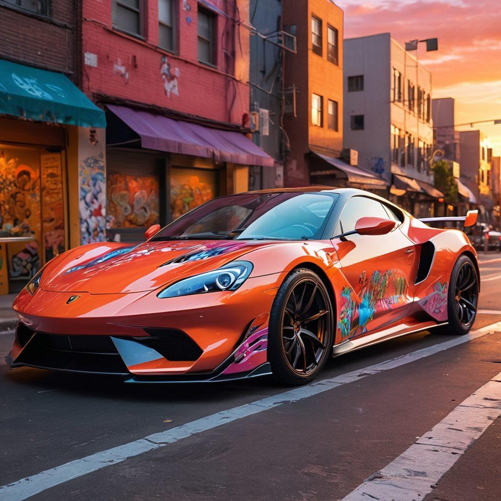 A vibrant scene showcasing a fusion of automotive design and hentai art, featuring a sleek sports car adorned with colorful anime decals parked in an urban setting. Surround the car with dynamic figures inspired by both art styles, capturing their playful energy. Add elements of graffiti and neon lights to enhance the urban vibe, with a sunset backdrop that emphasizes the blend of cultures. The overall composition should feel lively, artistic, and surreal. super-realistic. vibrant colors. dynamic composition.