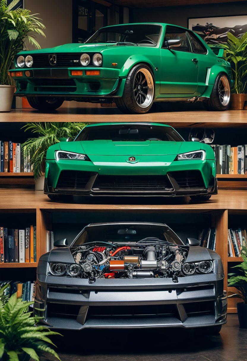 A split image featuring a detailed engine bay of a car on one side, showcasing various car accessories like air intake, exhaust system, and high-performance parts. On the other side, a vibrant display of a stylish bookshelf filled with colorful hentai comics, surrounded by modern decor elements like plants and ambient lighting. The two sides blend seamlessly, symbolizing the intersection of automotive culture and adult graphic art. super-realistic. vibrant colors. split view.